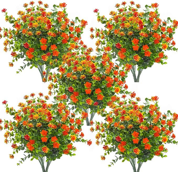 Grunyia 10 Bundles Artificial Fake Flowers, Faux Outdoor Plastic Plants UV Resistant Shrubs Outside Indoor Decorations (Orange-Eucalyptus)
