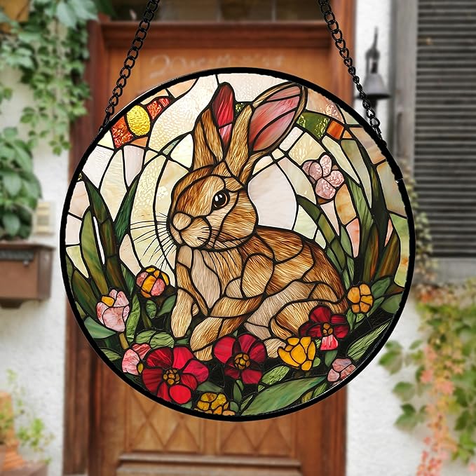 AMDERVEN Stained Glass Window Hanging, Cute Bunny Flowers Sun Catcher for Window Door Home Decor, Rabbit Suncatcher Christmas Mother's Day Birthday Gifts for Women Men Mom and Nana 15 in