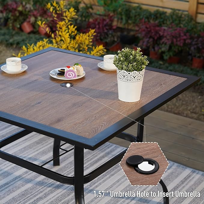 Sophia & William Square Patio Dining Table with 1.57" Umbrella Hole, Outdoor Table with Imitation Wood Tabletop and Brown Metal Steel Frame, for Lawn Garden Backyard, L37 X W37 X H28