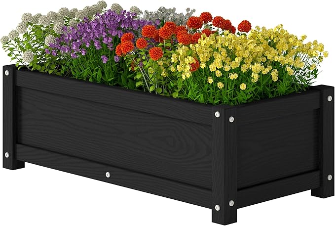 HDPE Planter Box, All-Weather Outdoor Garden Bed Easy to Assemble, Drainage System, Low Maintenance, Non-Fading, for Flower/Herb/Seed (Black)