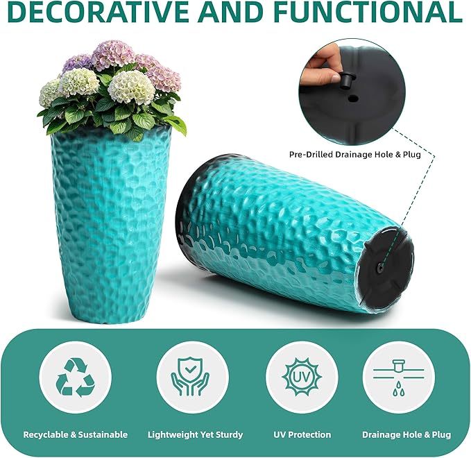 Ultym 23.75" H Large Tall Outdoor Planters, Set of 2 Plastic Large Flower Pots for Outdoor Plants, with Turquoise Teal Honeycomb Texture, Weather-Resistant for Porch, Garden, Patio or Indoor Use