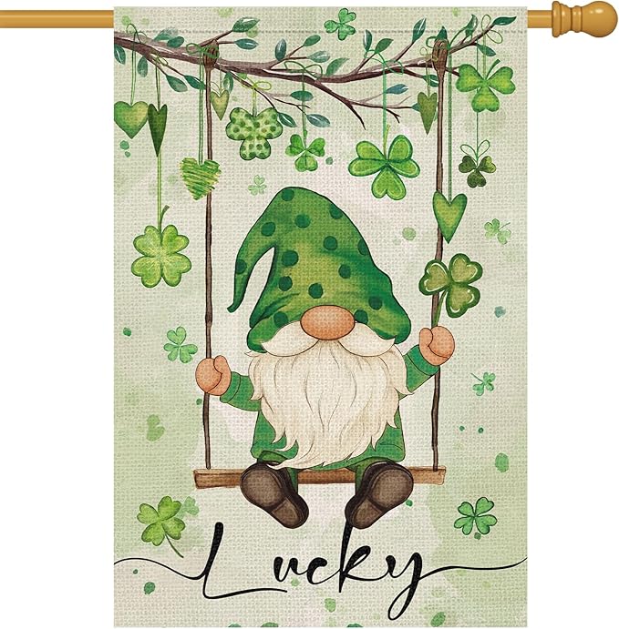 Heyfibro Lucky St. Patrick's Day Garden Flag 28x40 Double Sided Burlap, Gnome with Shamrocks Hanging Swing Yard Banner for Spring Seasonal Irish Holiday Farmhouse Outdoor Decor(ONLY FLAG)