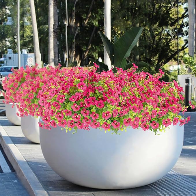 Artificial Flowers for Outdoors UV Resistant, 12 Bundles Fake Silk Flowers Outside Fade Resistant Faux Plants for Outdoor Planters, Window Box, Front Porch-Fuchsia