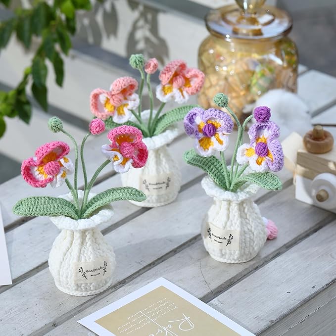 YOOJEE Orchid Crochet Flower Pot Deep Rose Handmade Knitted Phalaenopsis Desk Decor for Home Office