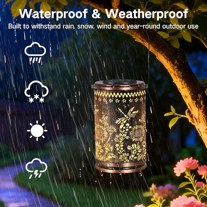 OUTONLIFE Dragonfly Solar Lanterns Outdoor Waterproof, Metal Hanging Solar Lights for Outside Garden, Yard, Patio, Backyard, Porch Decor, Birthday Gifts for Women Mom Grandma