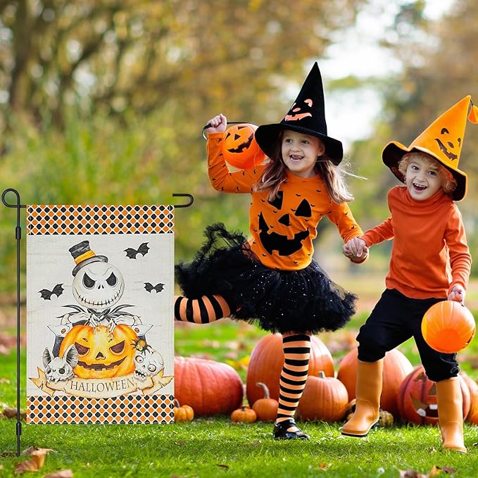 Halloween Jack Skellington Decorative Burlap Garden Flag, 12x18 Inch Double Sided Nightmare Before Christmas Pumpkin King Happy Halloween Small Vertical Flags,Outdoor Home Patio Porch Yard
