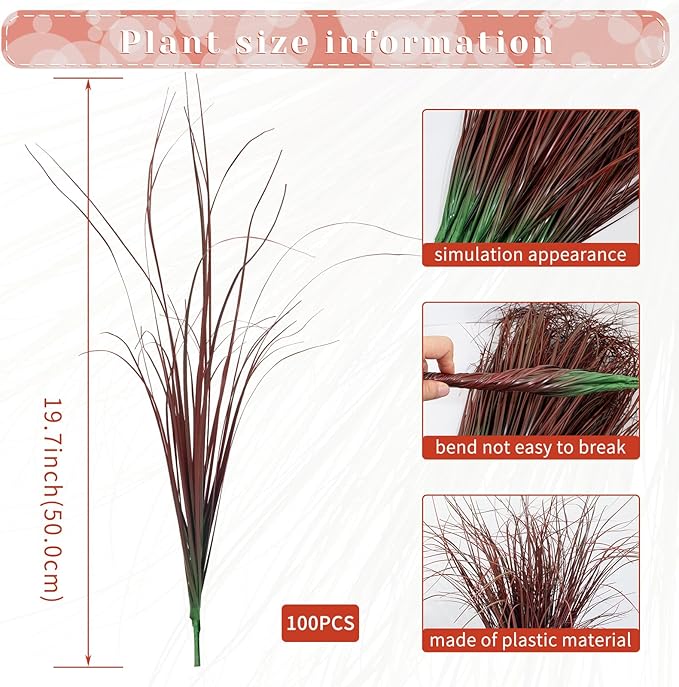 LUZOGA 100Pcs Artificial Grass Plants, Faux Shrubs Wheat Grass, Artificial Tall Grasses Fake Plants for Outdoor Decor,Artificial Greenery Stems Weed for Room Indoor Home Decor（Red）