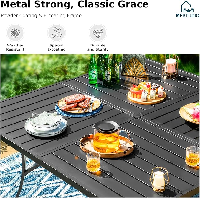 MFSTUDIO Patio Table and Chairs Set, 9 PCS Outdoor Patio Dining Set with 8 Sling Dining Chairs and 1 Square Heavy Duty Metal Table for 8, All Weather Resistant Patio Dining Furniture, Grey