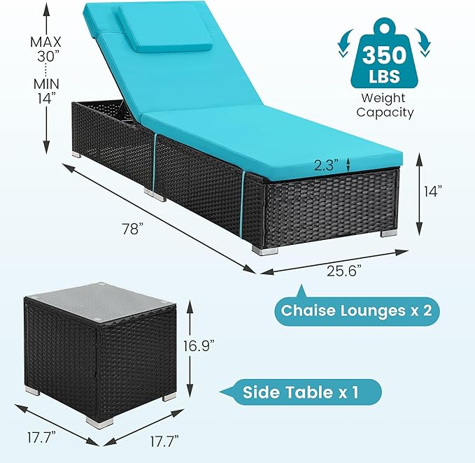 Outdoor Chaise Lounge Chairs, All-Weather Wicker Pool Lounge Chair Set of 2 with Side Table, Adjustable Backrest & Washable Cushions for Patio, Poolside, Beach, Light Blue