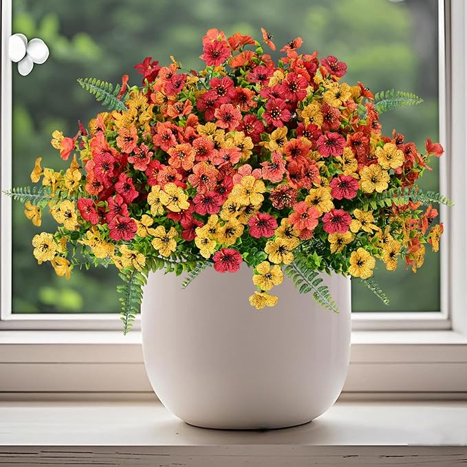 Pinenoya Artificial Faux Plants Flowers Outdoor Decoration,18 Bundles Fake Silk Colorful Daisy Eucalyptus Realistic UV Resistant for Outside Home Planter Porch Patio Yard Decor (Yellow Red)