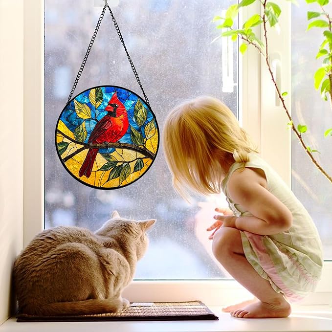 DASTOLL Stained Glass Window Hanging, Blue Sky Cardinal Sun Catchers Colorful Glass Panel Red Birds Suncatcher Decor for Birthday for Women, Men, Wife, Aunt, and Mom 7.8 in