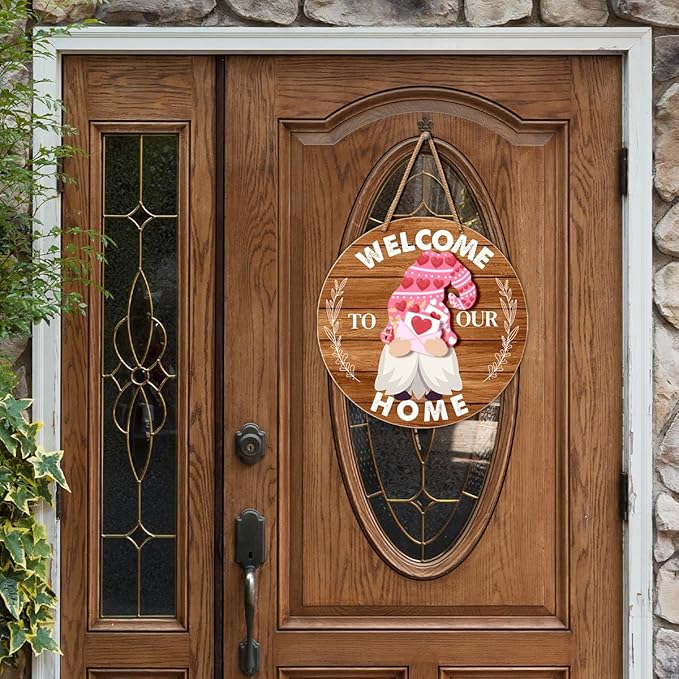Interchangeable Gnome Welcome Sign Valentine's Day Door Wreath for Home, Gnomes Front Porch Decor Seasonal Wall Hanging Wood Wreath for Spring Summer Fall Winter All Seasons Holiday, Caramel