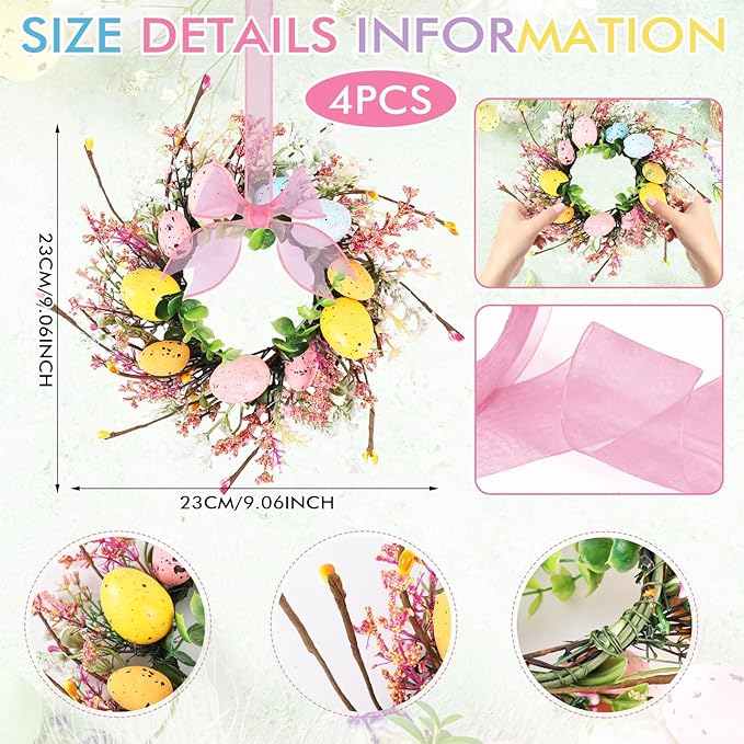 4 Pcs Easter Egg Candle Rings Wreaths Mini Artificial Spring Easter Egg Berry Wreath for Front Door Hanging Kitchen Cabinet Wreath with Ribbon for Porch Wall Window Farmhouse Decor