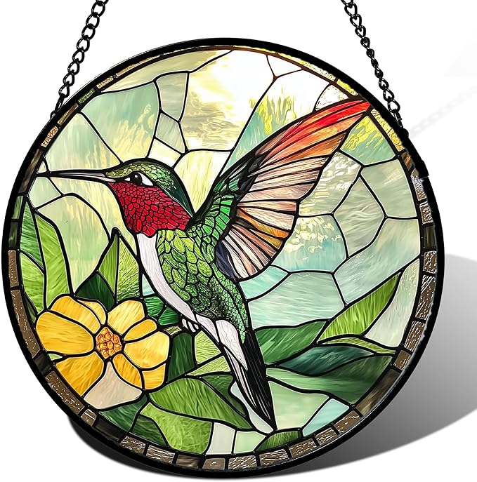 AMDERVEN Stained Glass Window Hanging, Green Hummingbird Sun Catcher for Door Home Decor, Birds Suncatcher Christmas Mother's Day Birthday Gifts for Bird Lovers Women Men Mom and Nana 6.3 in