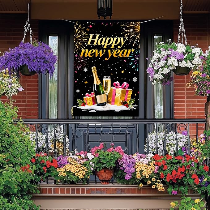 Happy New Year House Flag 28x40 Inch Champagne Bottle Gift Boxes and Fireworks Garden Flag Black Gold Holiday Outdoor Yard Decoration Celebration Banner for Home Porch Lawn