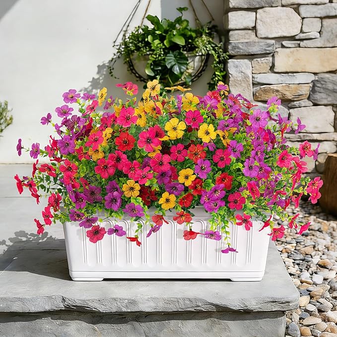 ADXORA 12 Bundles Artificial Flowers,Faux Plants for Spring Summer Decoration, UV Resistant Colorful Violets Eucalyptus for Outside Home Planter Porch Patio Yard Decor