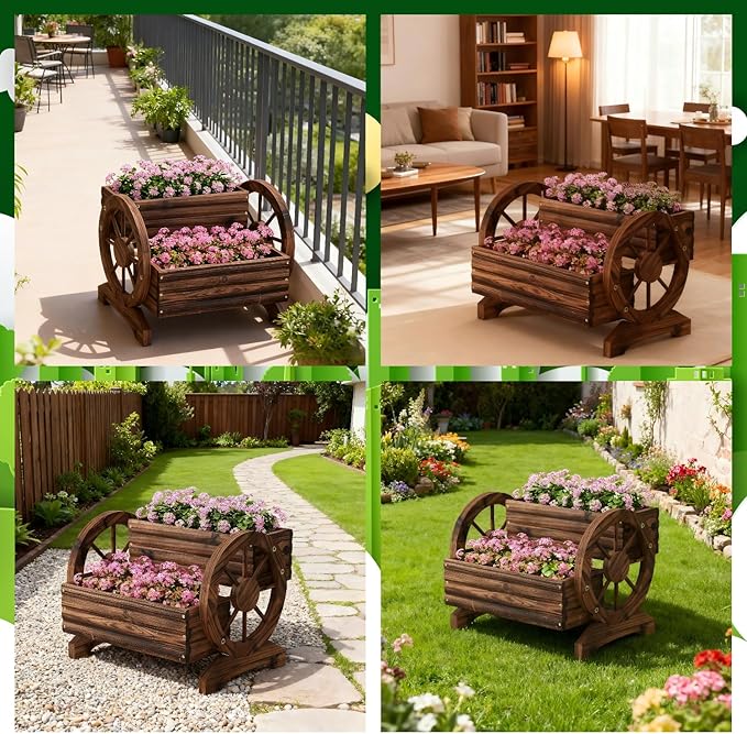 Wooden Wagon Planter Wooden Flower Cart with Wheels Outdoor Garden Planter, Decor Planter for Patio Balcony Decoration Succulent Flower Pot Flower Cart for Indoor Backyard Balcon (Carbonized)