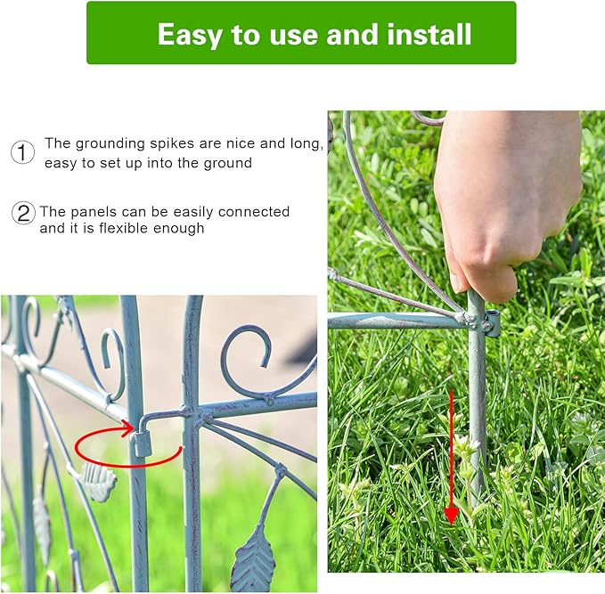 Sungmor 25in x 8ft Metal Garden Fence Border, Rustic Style Decorative Garden Fence Animal Barrier, Landscape Pathway Edge Iron Picket Fence Panels, Plant Support Climbing Trellis, Pack of 4