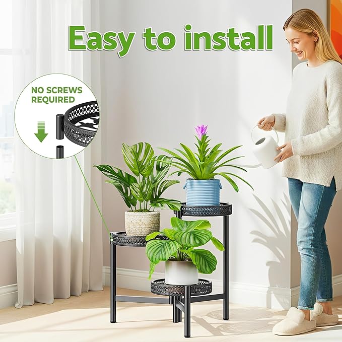 NQW Metal Plant Stand Indoor Outdoor, 3 Tier Corner Tall Plant Shelf for Multiple Plants, Tiered Plant Stand, Heavy Duty Flower Plant Holder, Folding Tall Rack for Garden Patio Lawn Balcony - BlackWave
