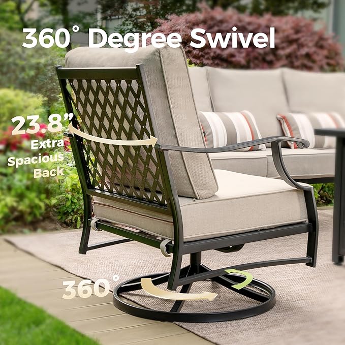 Swivel Patio Chairs Set of 2, High Back Outdoor Swivel Patio Metal Chairs with 5.75" Thick Cushions for Bistro Balcony Porch Deck and Yard, Beige