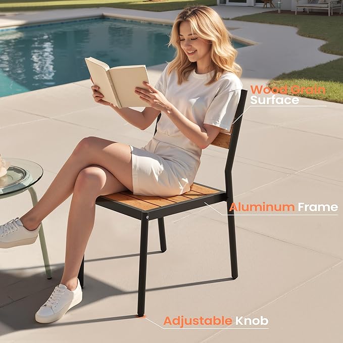 Pellebant Stackable Outdoor Dining Chairs Set of 4, Aluminum Patio Chairs with Armless, All-Weather for Garden, Lawn, Deck, Porch and Yard, Brown