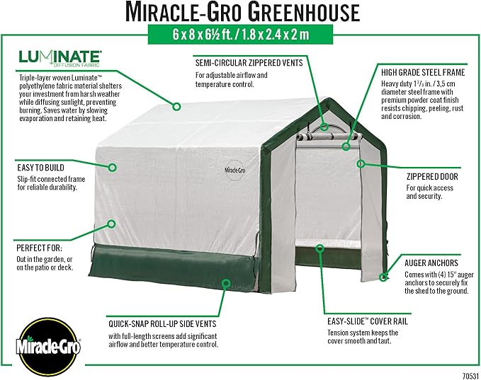 Miracle-GRO 6' x 8' x 6' All-Season Indoor/Outdoor Backyard Garden Greenhouse and Compact Waterproof Plant Shelter, Translucent