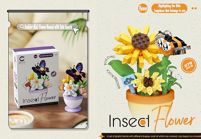 Sacblirr Set of 4 Mini Flower Bonsai with Cute Insects - DIY Potted Plant Building Blocks for Kids and Adults, Botanical Collection Decor Toy
