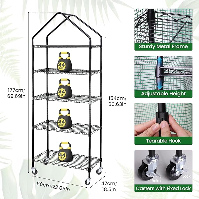 4-Tier Indoor Mini Greenhouse with Grow Lights, 32W Full Spectrum Plant Light with Timer, Adjustable Metal Shelves, 69.6"x22"x18.5" Portable Plant Stand for Seed Starting & Indoor Plants