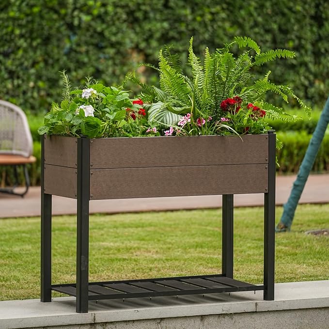 42" l x 33"h HDPE Elevated Garden Bed with Storage Shelf - Wood Grain Finish, All-Weather Standing Planter Box with Sturdy Black Aluminum Frame for Vegetables, Herbs on Patio, Balcony & Outdoors