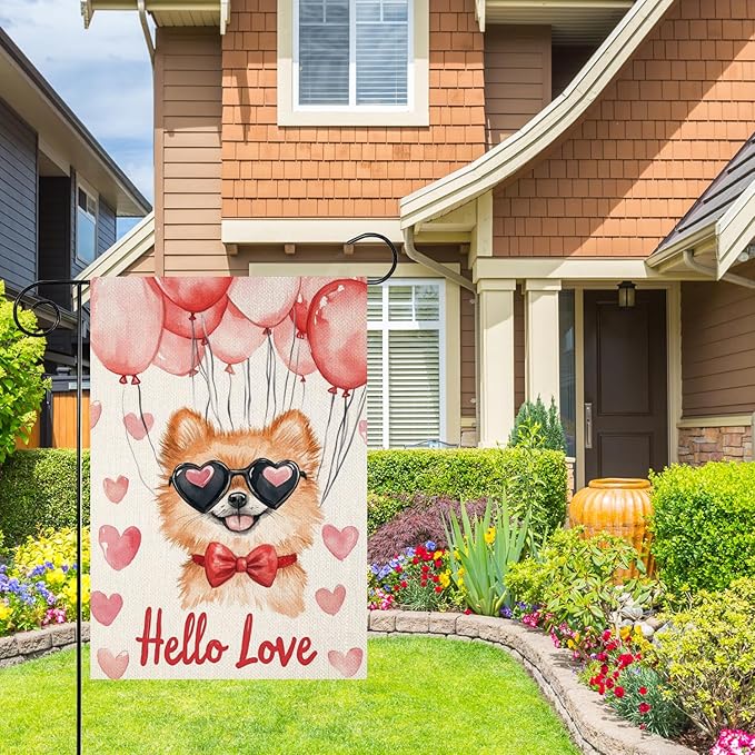 Valentine's Day Pomeranian Hello Love Garden Flag, House Yard Plaid Love Heart Outside Decoration, Spring Holiday Wedding Anniversary Outdoor Small Decor 12x18(12633)