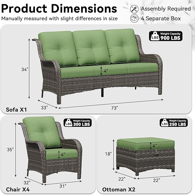 7 Piece Outdoor Wicker Patio Furniture Set, Patio Chairs Set with Thickened Olefin Cushions, High Back and Deep Seating, Hand-Woven PE Rattan, Ottoman for Porch, Deck