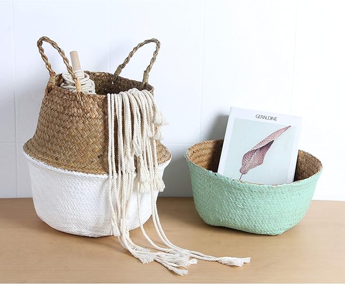 Woven Seagrass Belly Basket for Storage, Laundry, Picnic, Plant Pot Cover, and Grocery and toy storage (Medium, Black)