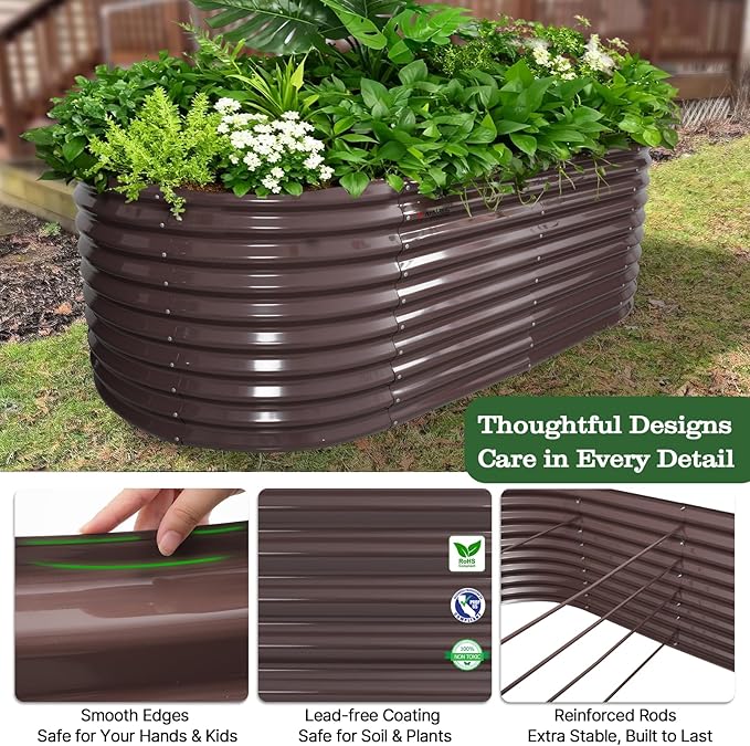 A ANLEOLIFE 30" Extra Tall Galvanized Raised Garden Beds Outdoor, 6x3x2.5ft Oval Metal Planter Boxes for Planting Vegetables, Flowers, Fruits, Eco-Safe & Easy Setup, CaféBronze