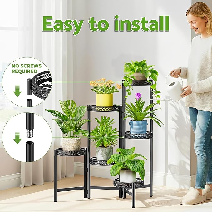 NQW 6 Tier Metal Plant Stand Indoor Outdoor, Corner Tall Plant Shelf for Multiple Plants, Foldable Heavy Duty Plant Holder, Decoration Flower Stand for Living Room Balcony Patio Garden- BlackWave