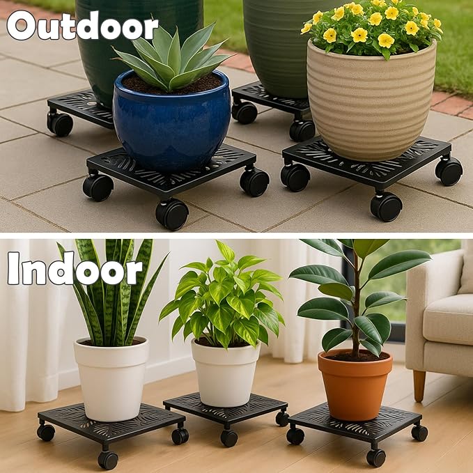2-pack 12 Inches Square Metal Plant Caddy with Wheels Heavy Duty Large Rolling Plant Stand Indoor Outdoor Wheeled Planter Dolly Cart with Lockable Casters Flower Pot Mover Roller Trolley, Black