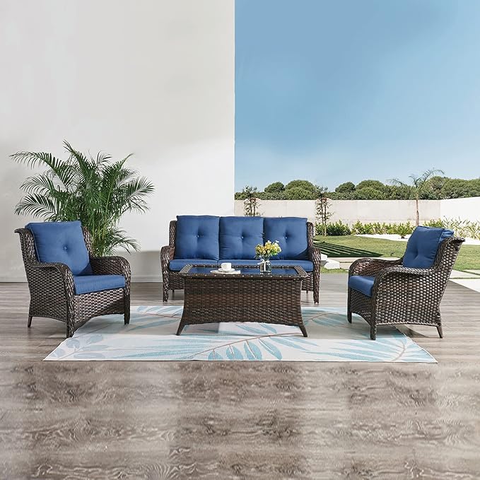 HUMMUH Outdoor Furniture 4 Pieces Patio Furniture Set Wicker Outdoor Sectional Sofa with 2 Patio Chairs,Coffee Table(Grey/Blue)