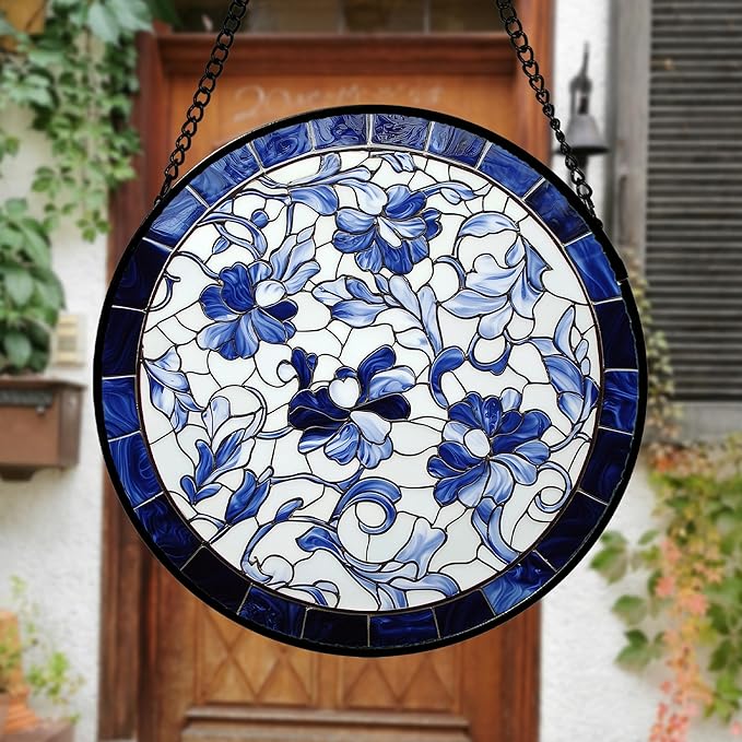 AMDERVEN Stained Glass Window Hanging, Blue and White Abstract Flowers Sun Catcher for Door Home Decor Suncatcher Christmas Mother's Day Birthday Gifts for Women Men Mom and Nana 11.8 in