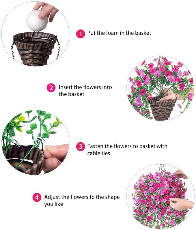 HyeFlora Artificial Hanging Flowers Basket for Outdoor, Fake Flowers Faux Plants Look Real for Yard Gardens Porch Patio Home (Purple+Hotpink)