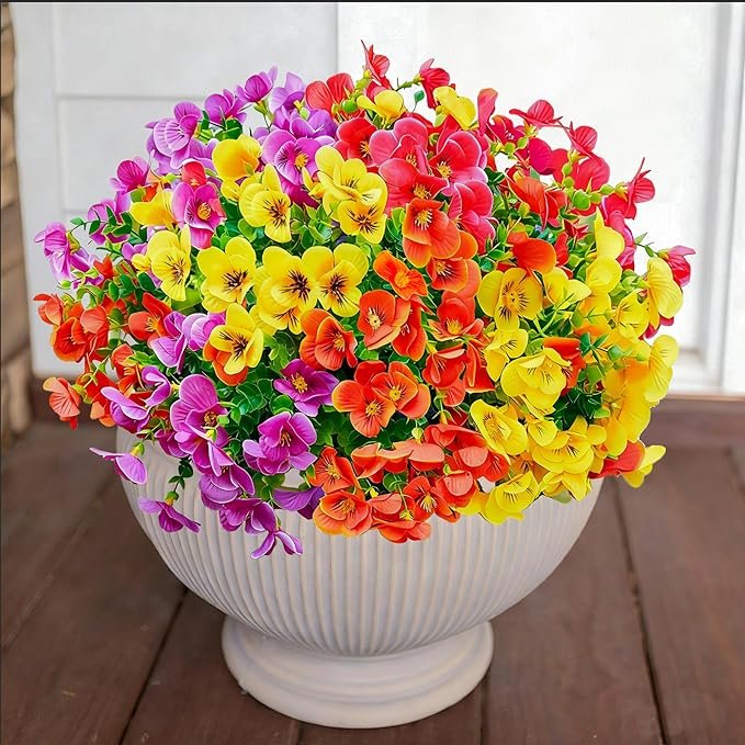 Ivydale Artificial Flowers for Outdoor Decoration, 12 Bundles Fake Pansy UV Resistant Realistic Silk Flowers with Eucalyptus for Planter Front Door Garden Porch Patio Yard