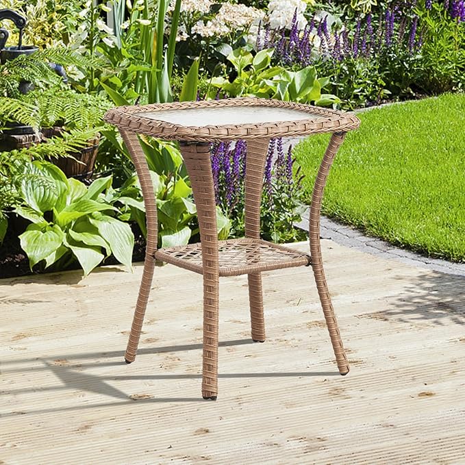 Patio Wicker Side Table, Outdoor PE Rattan End Table with 5mm Tempered Glass Top and 2-Tier Storage Shelf, 20" Square Coffee Table for Deck Porch Garden Backyard-Yellow Wicker