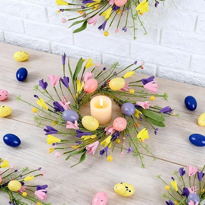 8 PCS Mini Easter Wreaths for Front Door Small Artificial Pastel Easter Egg Kitchen Cabinet Wreath Spring Summer Hanging Floral Wreath with Ribbon Berry for Home Porch Wall Window Farmhouse Decor