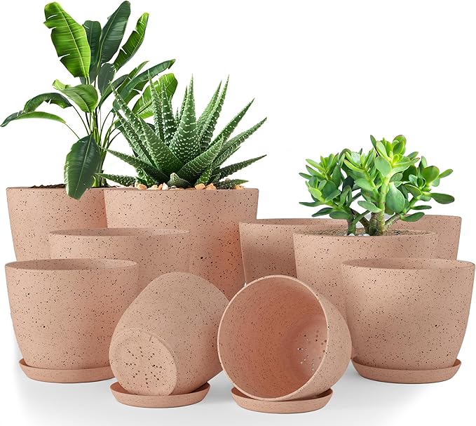 Utopia Home - Spotty Plant Pots Indoor with Drainage - 7/6.6/6/5.3/4.8 Inches Flower Pots - 5 Pack Plastic Planters - Ideal for Stocking Stuffers - (Speckled Peach Pink, Pack of 10)