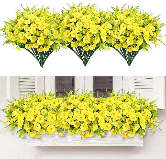 HIAGROW Artificial Flowers Outdoors 12 Bundles Yellow Artificial Petunias Fake Flowers UV Resistant Shrubs Plants with Fern for Indoor Outside Hanging Planters Home Garden Summer Decorations