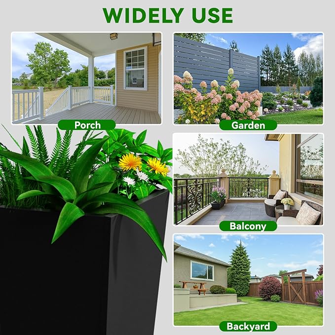 NUWJBYE Tall Metal Planter Box, 15" L x 15" W x 30" H 2-Pack Outdoor Planters with Removable Tray, Heavy Duty Steel Front Porch Planters for Patio, Balcony, Indoor(Black)