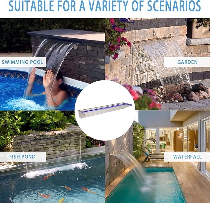 36 Inch APP 304 Stainless Steel Pond Fountains with 16 Color LED Lights, Outdoor Water Patio Waterfall Spillway Kit for Garden Patio, Swimming Pool, Koi Ponds Decoration