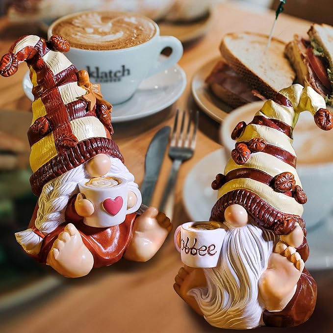 2PCS Coffee Gnomes Figurines Valentines Day Decorations Valentines Gifts Coffee Bar Accessories Decor Elfs Statue Cute Resin Housewarming Gifts for Women Tiered Tray Table Ornament,Sit 4.7H