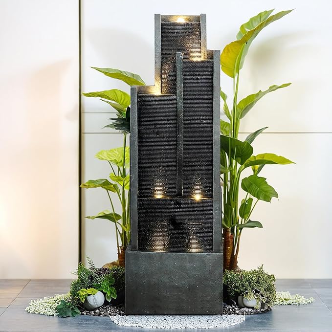 SunJet 5-Tier Modern Water Fountain, Indoor/Outdoor Resin Water Fountains with Soothing Water Sounds & Warm LED Light, Perfect for Garden, Patio, Home & Office, 16.9" L x 9.8" W x 50.7" H