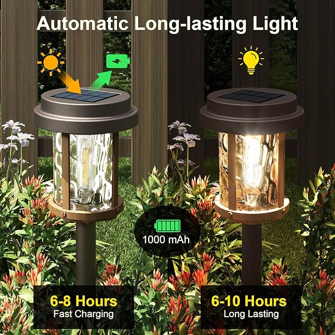 XMCOSY+ Solar Lights Outdoor Waterproof, Solar Pathway Lights, 20 LM LED Glass Water Lens, Solar Powered Landscape Lighting for Garden Path Outside Driveway Walkway Backyard Sidewalk (‎Black & Brown)