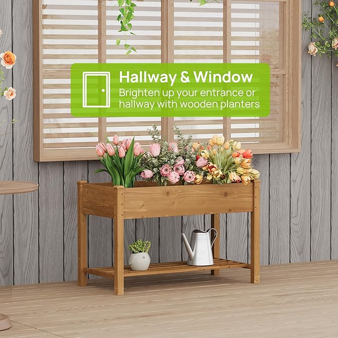Raised Garden Bed, Planter Box with Storage Shelf, Elevated Wooden Planter Box with Legs, Garden Planter for Backyard, Patio, Balcony, Natural Wood (Brown, M)