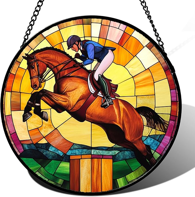 Stained Glass Window Hanging Equestrian Sports 9.8" - Horse Suncatcher Door Garden Sunroom Sun Catcher Home Decor Birthday Christmas for Mom Men Woman Nana